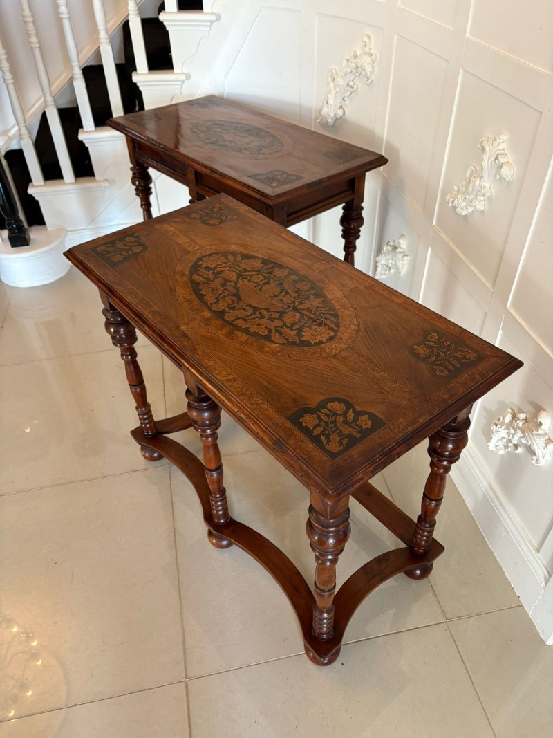 Outstanding Quality Pair of Antique Victorian Burr Walnut Marquetry Inlaid Console Tables - Image 3